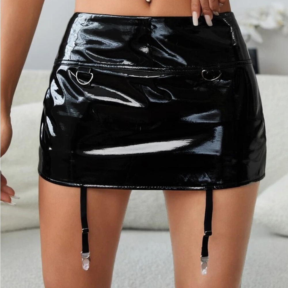 Black Patent Mini Skirt with Garter Straps